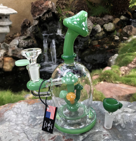 8" Thick Glass Rig w/4 Different Colors of Mushroom Design(Inside) + 2 - 14mm Bowls