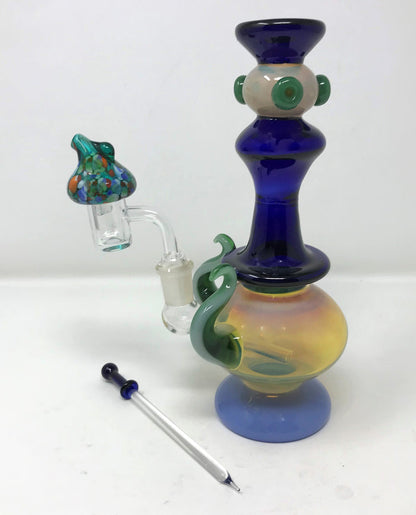 8.5" Collectible & Unique Handmade, Fumed Thick Glass Rig w/Quartz Banger, Tool + Carb Cap - Mosaic Dabber