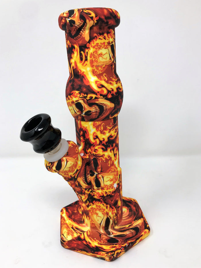 9" Thick Silicone Detachable & Unbreakable Bong in Fire Graphic Design w/14mm Male Slide Bowl