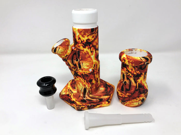 9" Thick Silicone Detachable & Unbreakable Bong in Fire Graphic Design w/14mm Male Slide Bowl