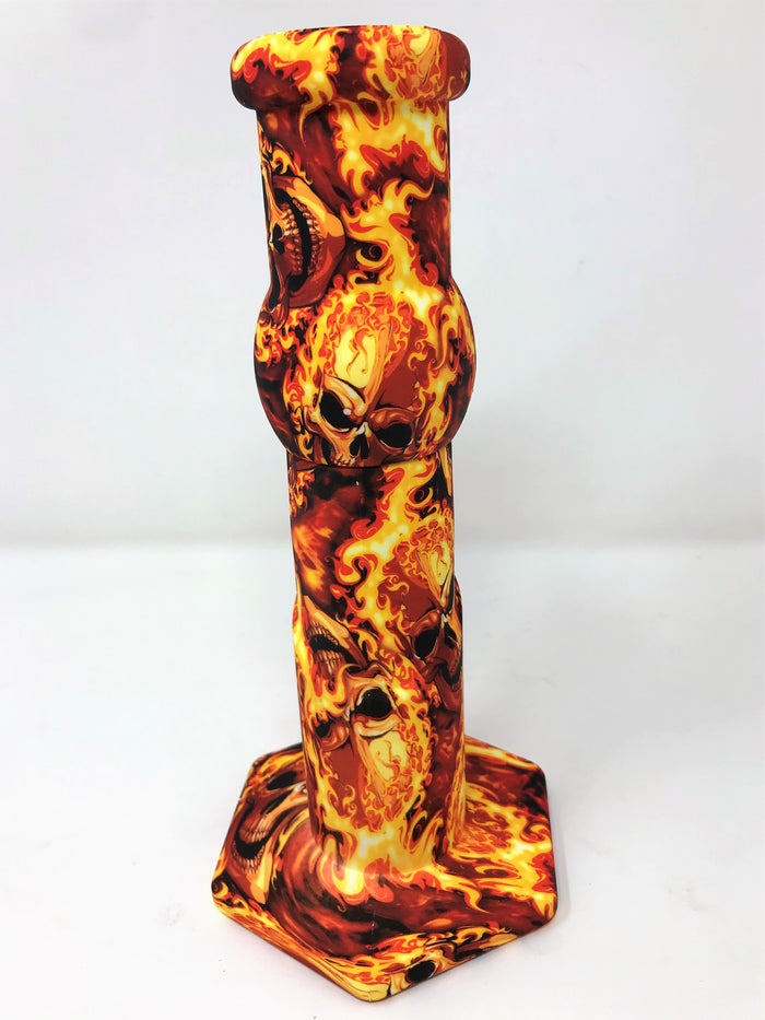 9" Thick Silicone Detachable & Unbreakable Bong in Fire Graphic Design w/14mm Male Slide Bowl