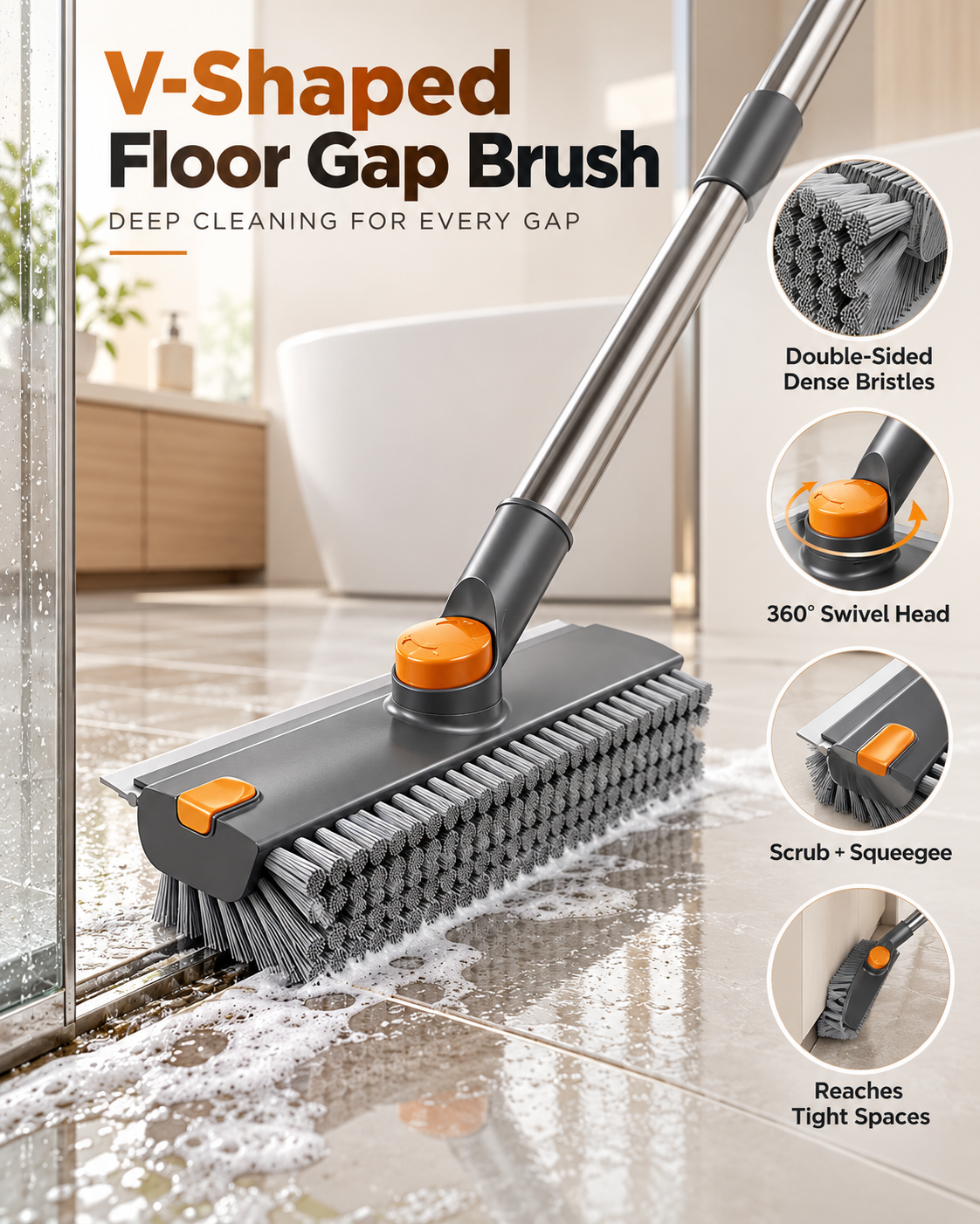 Upgraded 4-in-1 V-Shaped Grout Cleaning Brush, Long Telescopic Handle Floor Scrubber Built-in Squeegee & Hair Catcher for Bathroom, Shower, Glass, Tile Grooves