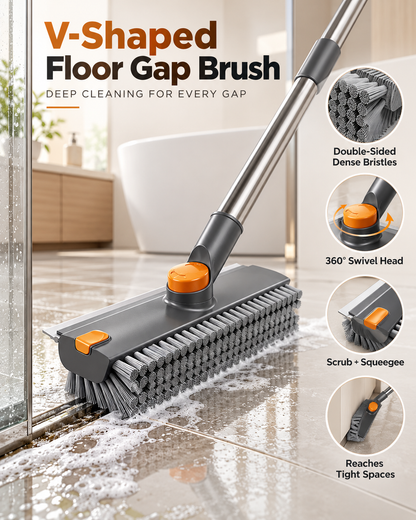 Upgraded 4-in-1 V-Shaped Grout Cleaning Brush, Long Telescopic Handle Floor Scrubber Built-in Squeegee & Hair Catcher for Bathroom, Shower, Glass, Tile Grooves