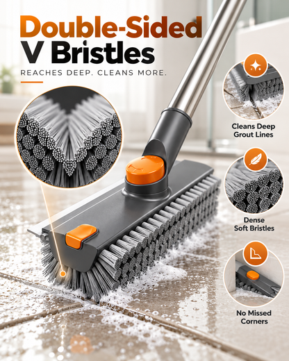 Upgraded 4-in-1 V-Shaped Grout Cleaning Brush, Long Telescopic Handle Floor Scrubber Built-in Squeegee & Hair Catcher for Bathroom, Shower, Glass, Tile Grooves