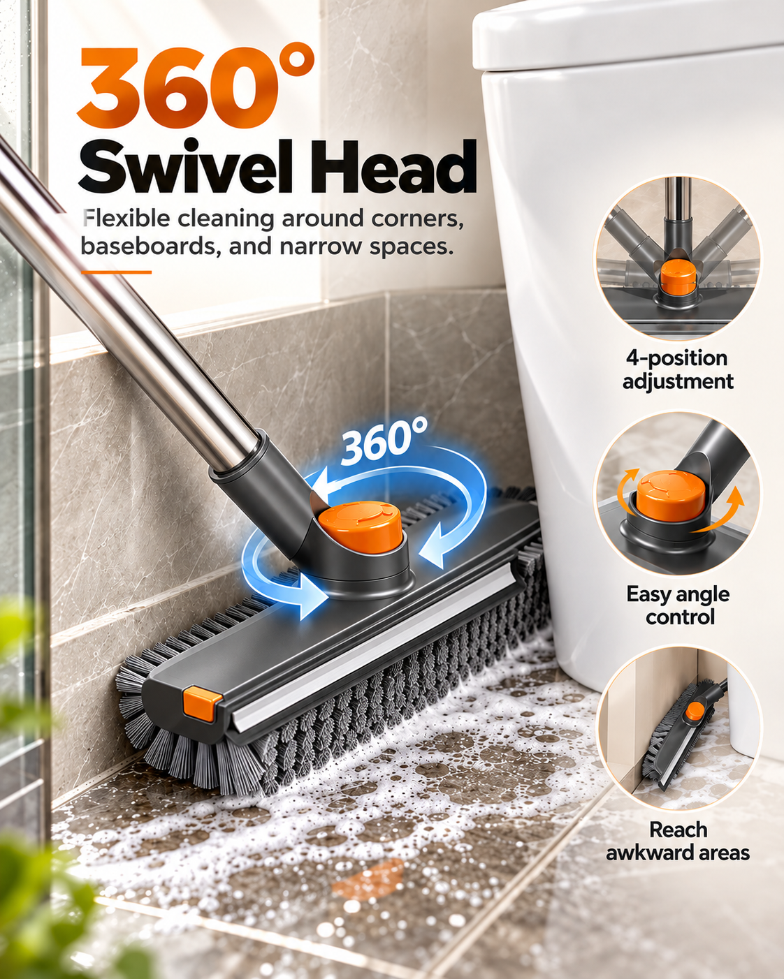Upgraded 4-in-1 V-Shaped Grout Cleaning Brush, Long Telescopic Handle Floor Scrubber Built-in Squeegee & Hair Catcher for Bathroom, Shower, Glass, Tile Grooves