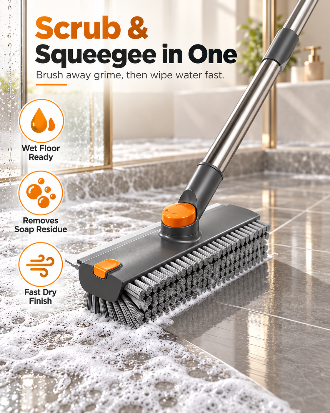 Upgraded 4-in-1 V-Shaped Grout Cleaning Brush, Long Telescopic Handle Floor Scrubber Built-in Squeegee & Hair Catcher for Bathroom, Shower, Glass, Tile Grooves