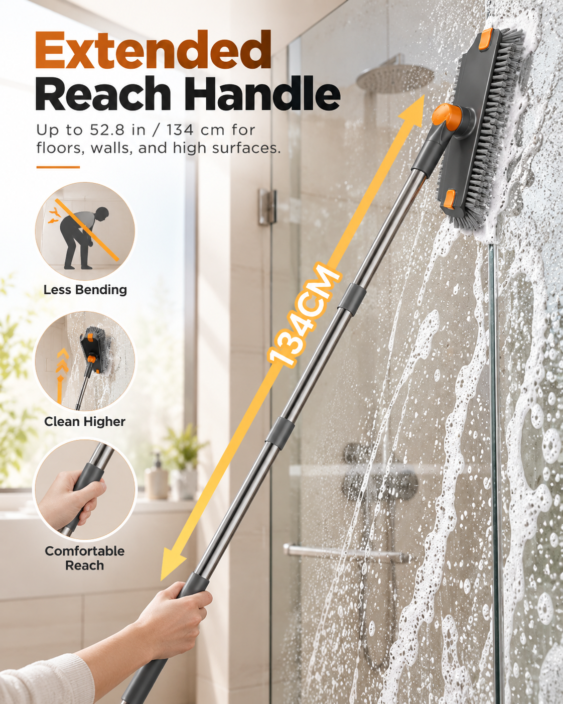 Upgraded 4-in-1 V-Shaped Grout Cleaning Brush, Long Telescopic Handle Floor Scrubber Built-in Squeegee & Hair Catcher for Bathroom, Shower, Glass, Tile Grooves