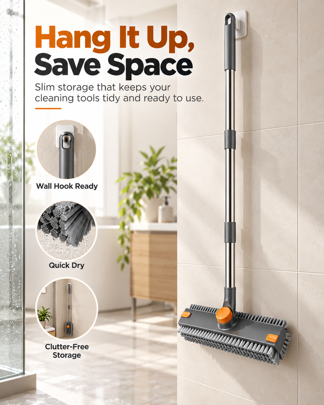Upgraded 4-in-1 V-Shaped Grout Cleaning Brush, Long Telescopic Handle Floor Scrubber Built-in Squeegee & Hair Catcher for Bathroom, Shower, Glass, Tile Grooves