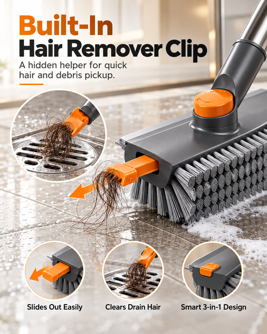 Upgraded 4-in-1 V-Shaped Grout Cleaning Brush, Long Telescopic Handle Floor Scrubber Built-in Squeegee & Hair Catcher for Bathroom, Shower, Glass, Tile Grooves