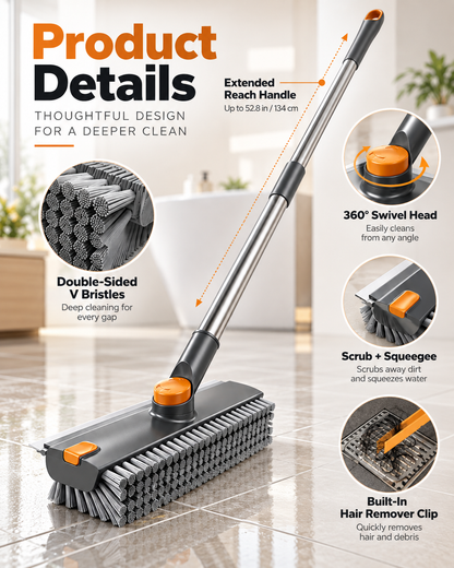 Upgraded 4-in-1 V-Shaped Grout Cleaning Brush, Long Telescopic Handle Floor Scrubber Built-in Squeegee & Hair Catcher for Bathroom, Shower, Glass, Tile Grooves