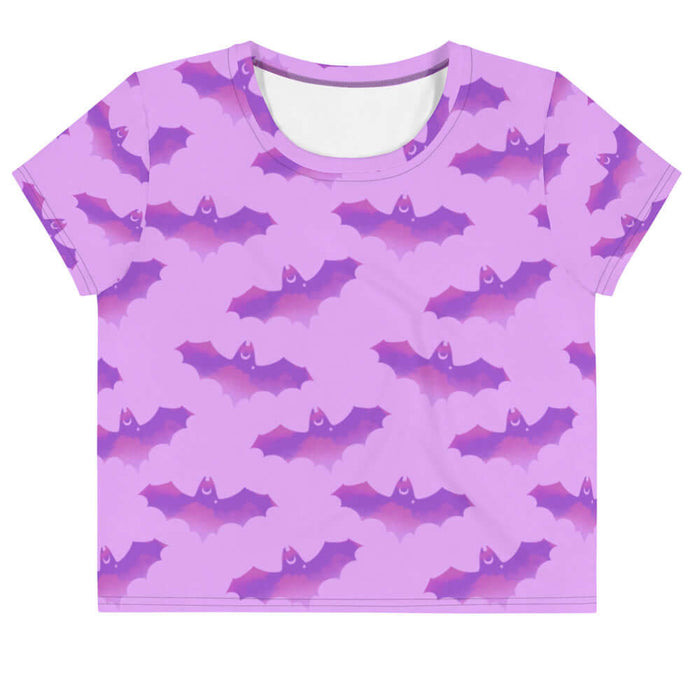 Aensland gothic crop top in pink with watercolor bats and crescent moons