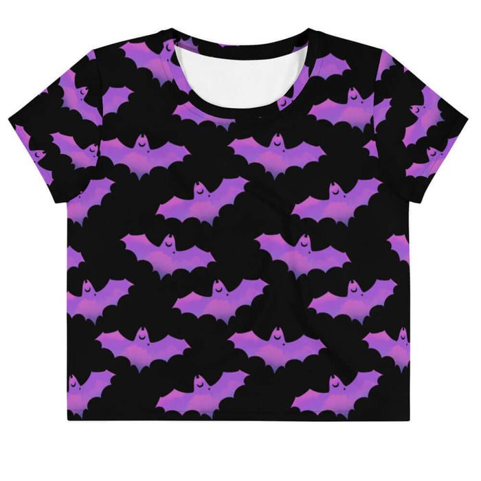 Aensland alternative crop top in pink with painterly bats and tiny crescent moons