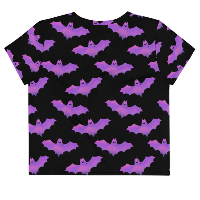 Aensland gothic crop top in pink with dusky bats and soft clouds