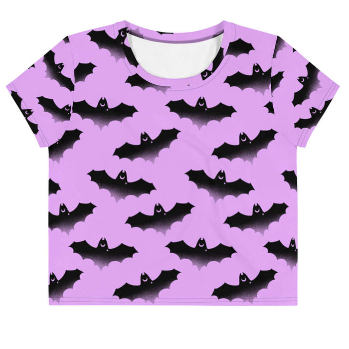 Aensland pastel-goth crop top in pink with watercolor bats and drifting clouds