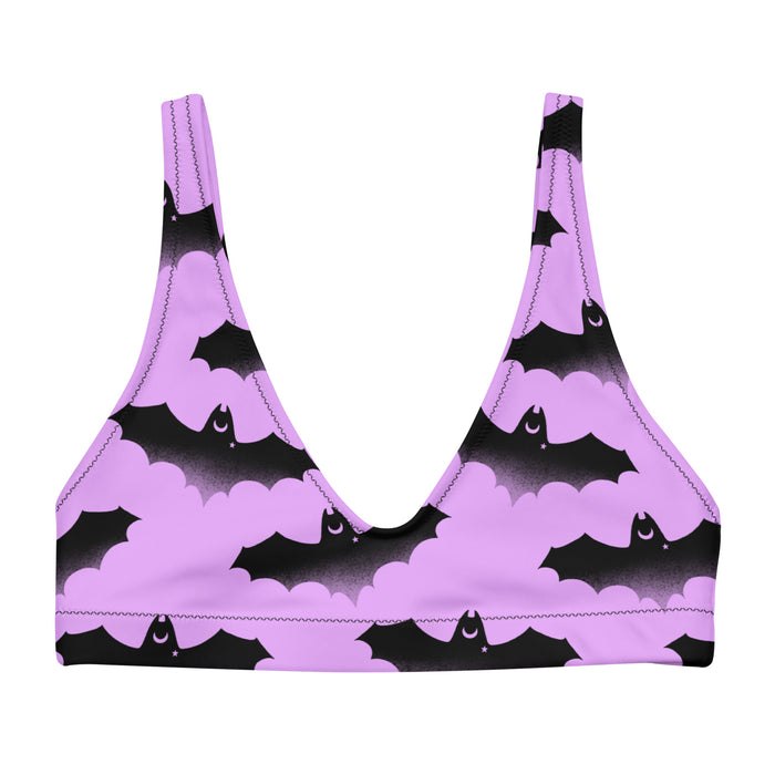 Aensland pastel-goth bikini top in pink with watercolor bats and drifting clouds