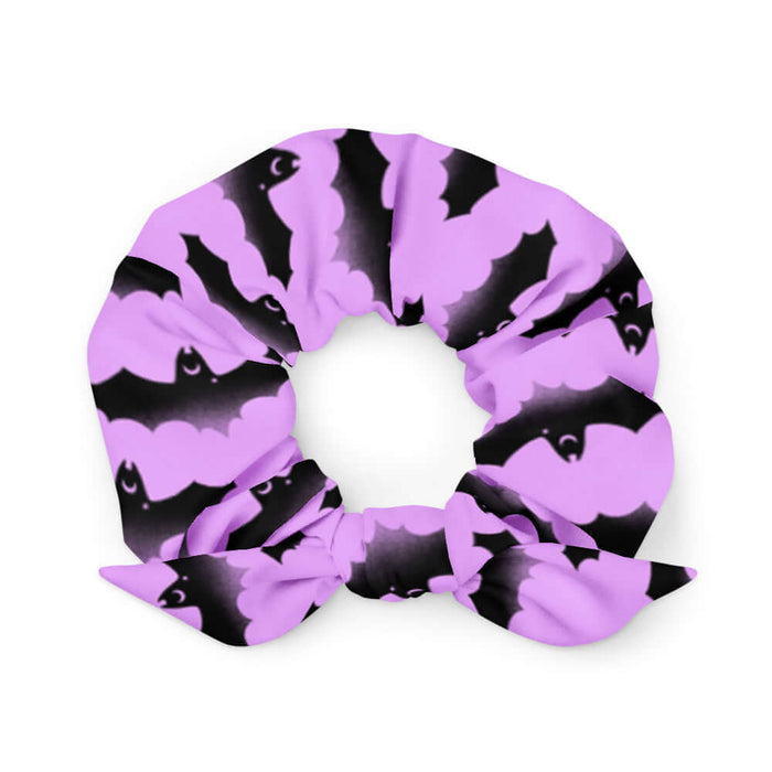 Aensland pastel-goth scrunchie in pink with watercolor bats and drifting clouds