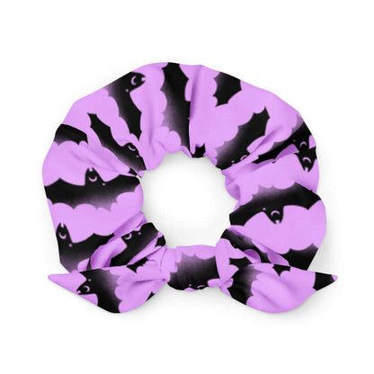 Aensland pastel-goth scrunchie in pink with watercolor bats and drifting clouds