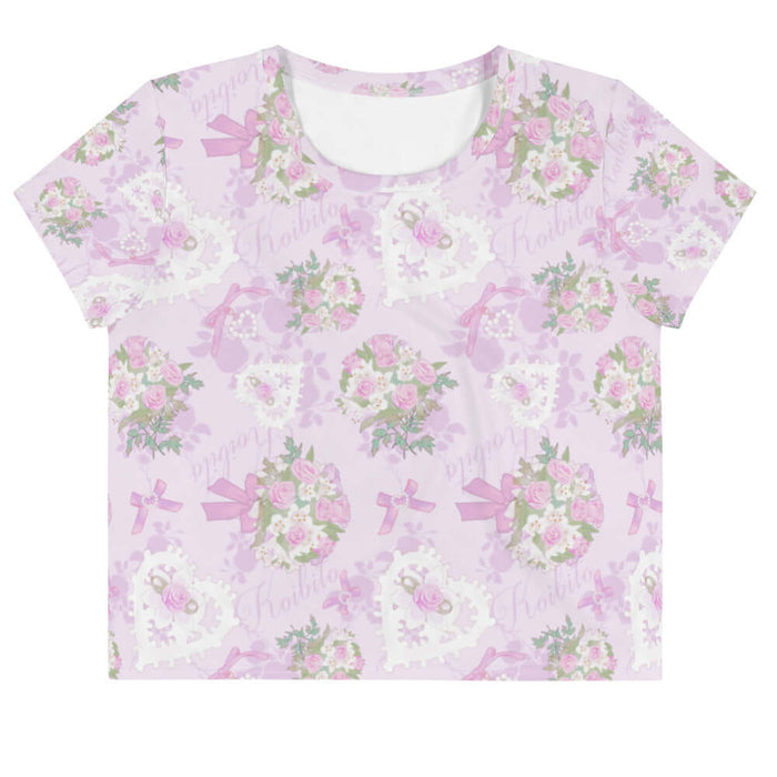 Anniversary kawaii crop top in pink with lace hearts and satin ribbon bows