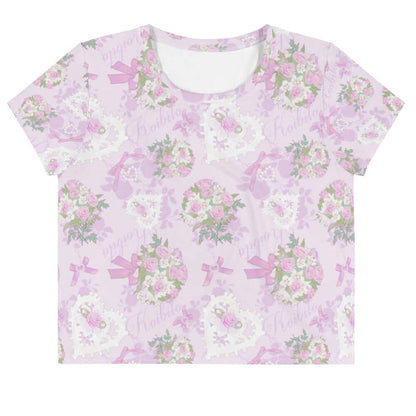 Anniversary kawaii crop top in pink with lace hearts and satin ribbon bows