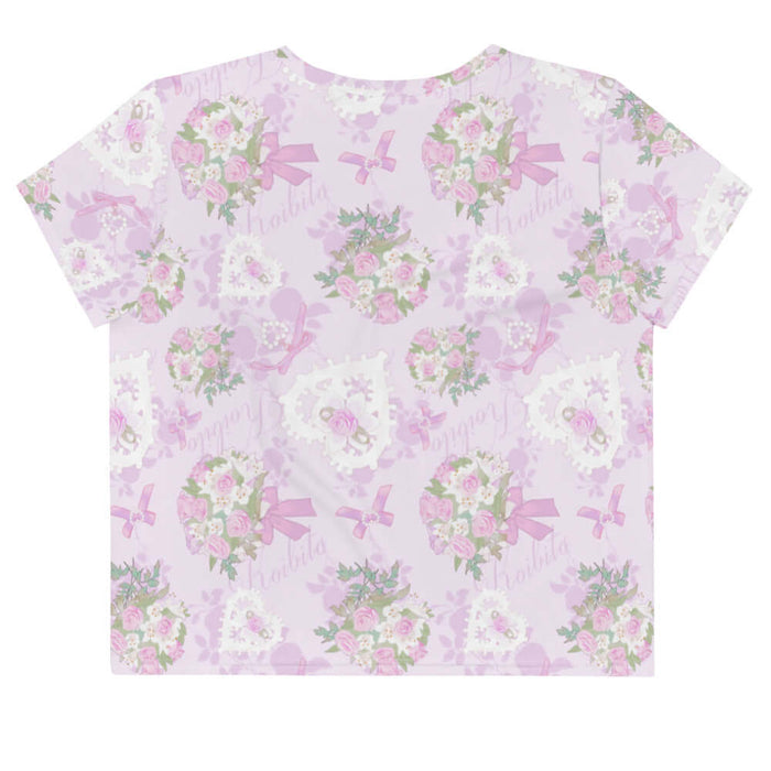 Anniversary kawaii crop top in lilac with satin ribbon bows and strands of pearls