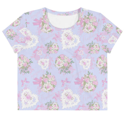 Anniversary kawaii crop top in pink with strands of pearls and baby's breath