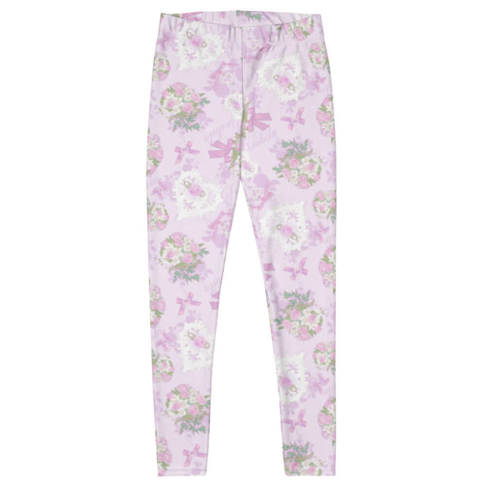 Anniversary kawaii leggings in blush and periwinkle with lace heart lockets and trailing rose sprigs