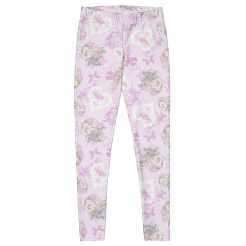 Anniversary kawaii leggings in blush and periwinkle with lace heart lockets and trailing rose sprigs