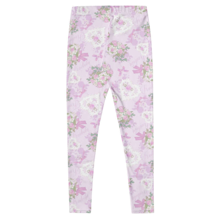 Anniversary kawaii leggings in blush and periwinkle with trailing rose sprigs and lace hearts