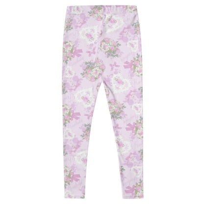 Anniversary kawaii leggings in blush and periwinkle with trailing rose sprigs and lace hearts
