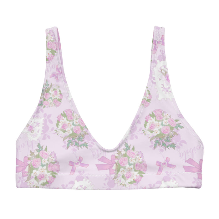 Anniversary kawaii padded bikini top in pink with satin ribbon bows and strands of pearls