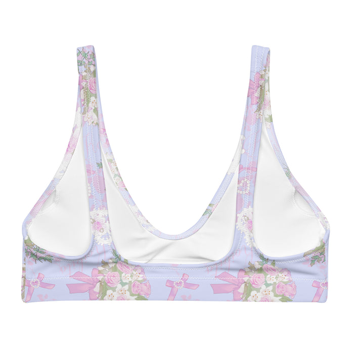 Anniversary kawaii padded bikini top in blush and periwinkle with damask roses and lace heart lockets