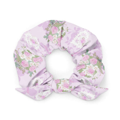 Anniversary kawaii scrunchie in blush and periwinkle with damask roses and lace heart lockets