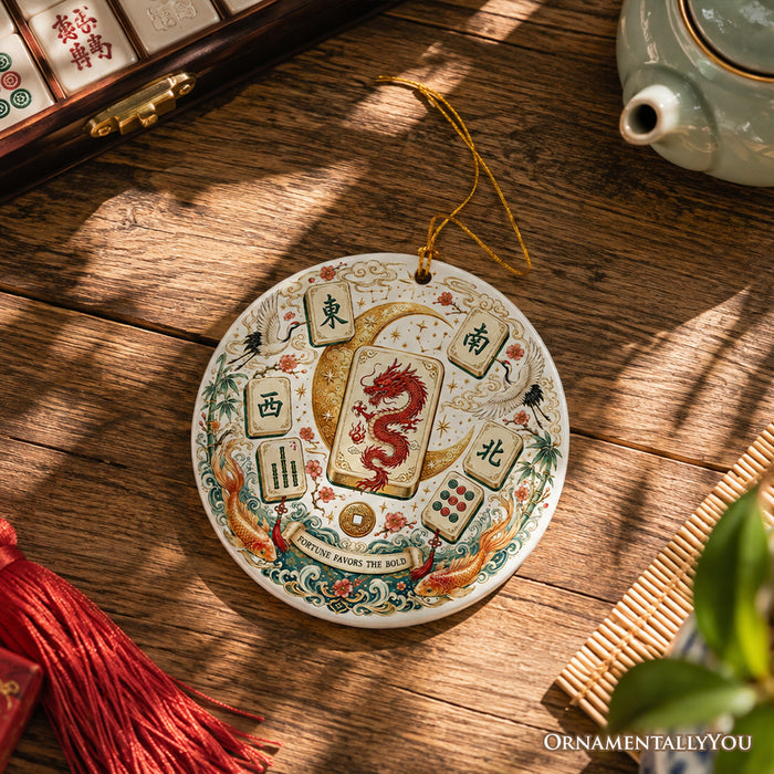 Artistic Mahjong Social Club and Dragon Tiles Ornament, Retro Chinese Table Game Holiday Keepsake