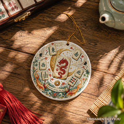 Artistic Mahjong Social Club and Dragon Tiles Ornament, Retro Chinese Table Game Holiday Keepsake