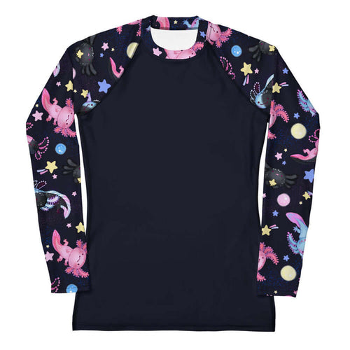 Axolotl kawaii rash guard with pink and blue axolotls and cosmic glitter