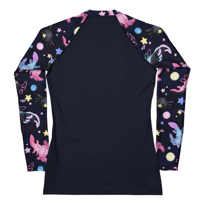 Axolotl kawaii rash guard with tiny pastel axolotls and stardust trails
