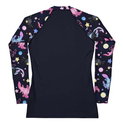 Axolotl kawaii rash guard with tiny pastel axolotls and stardust trails