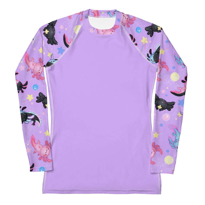 Axolotl kawaii rash guard with pastel pink and blue axolotls and golden stars