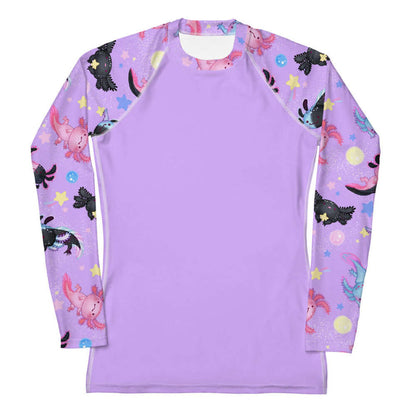 Axolotl kawaii rash guard with pastel pink and blue axolotls and golden stars