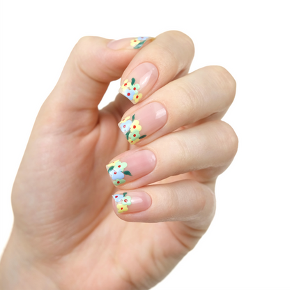 Bare sheer nude nail polish with tiny daisy accent nail art on a light skin tone