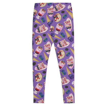 Berry kawaii leggings in violet with layered berry cake and berry cream tarts