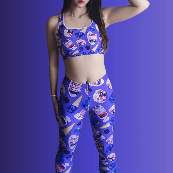 Berry kawaii leggings in violet with blueberry ice cream cones and plump blackberries