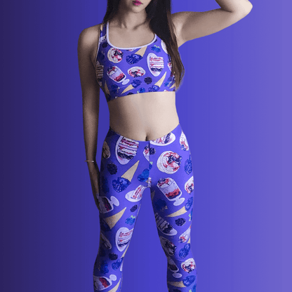 Berry kawaii leggings in violet with blueberry ice cream cones and plump blackberries