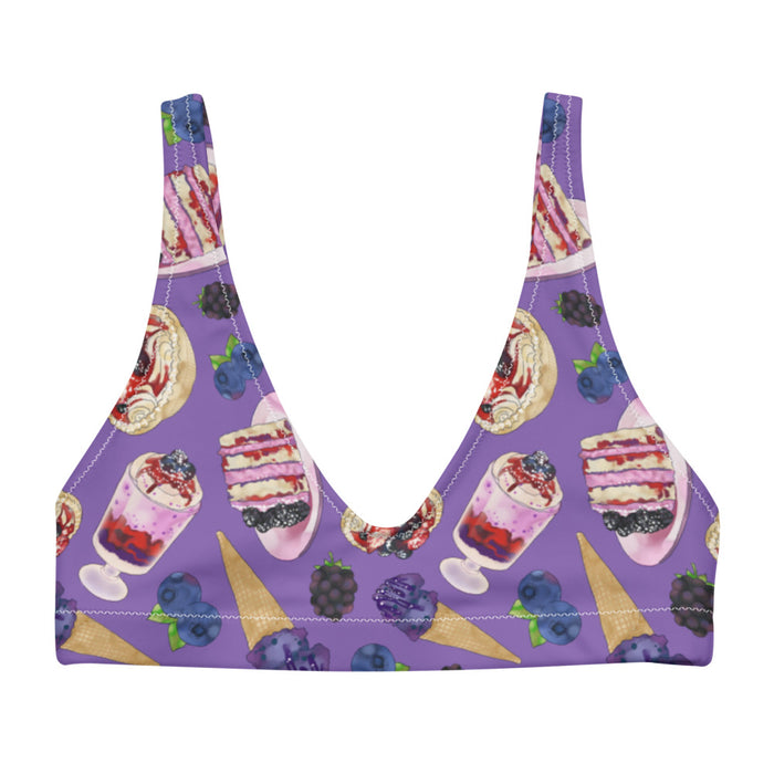 Berry kawaii padded bikini top in violet with layered berry cake and berry cream tarts