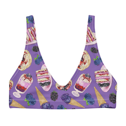 Berry kawaii padded bikini top in violet with layered berry cake and berry cream tarts