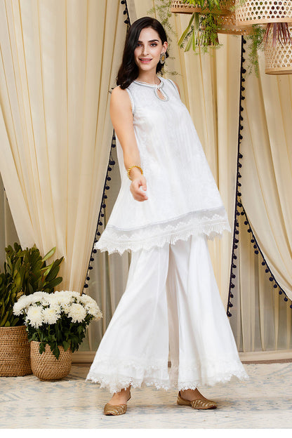 Blossom White Kurti Kurta with Sharara Set