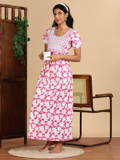 Blush Bloom Pink Best Pure Cotton Nightgown For Women