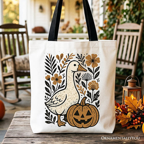 Boho Goose Halloween Pumpkin Tote Bag, Spooky Fall Floral Gift Shopper Tote Bag OrnamentallyYou Black Handle