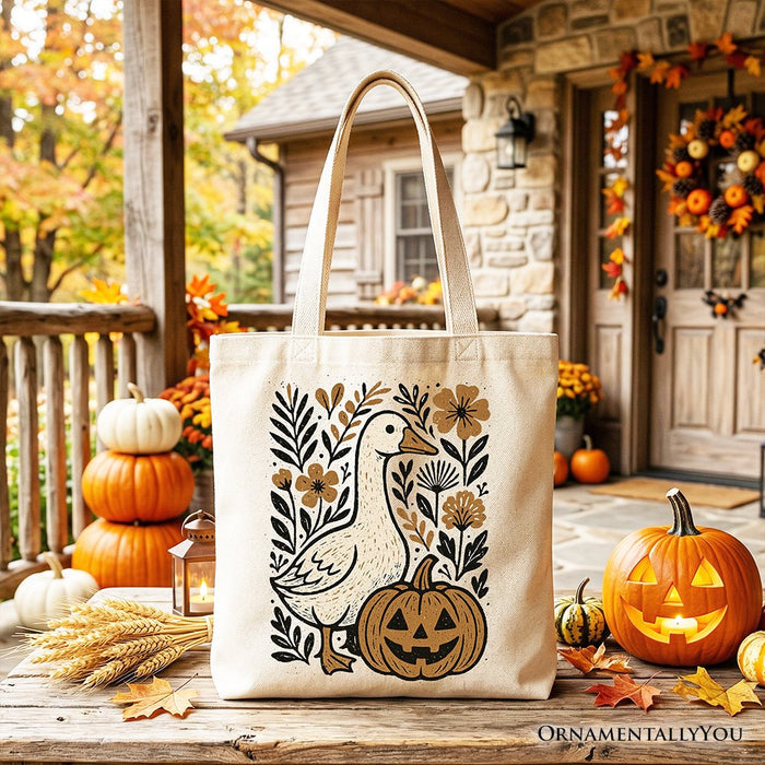 Boho Goose Halloween Pumpkin Tote Bag, Spooky Fall Floral Gift Shopper Tote Bag OrnamentallyYou Beige