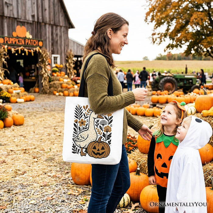 Boho Goose Halloween Pumpkin Tote Bag, Spooky Fall Floral Gift Shopper Tote Bag OrnamentallyYou